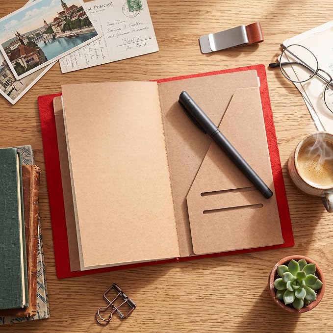 Thenshop Travelers Refillable Leather Journal Notebook Travel Diary Handmade Passport Travelers Journal for Men and Women with 3 Notebook Inserts, Pen Holder, Binder Clip (Red,A6 Size)