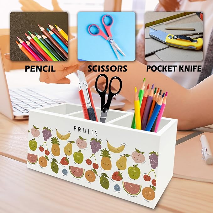 Boho Classroom Pen Pencil Holder Organizer for Desk, Fruits Educational Wooden Box Signs Decorations for Kids Boys Girls Room Bedroom Classroom Bedroom Desk Tabletop, Kids Room Decor