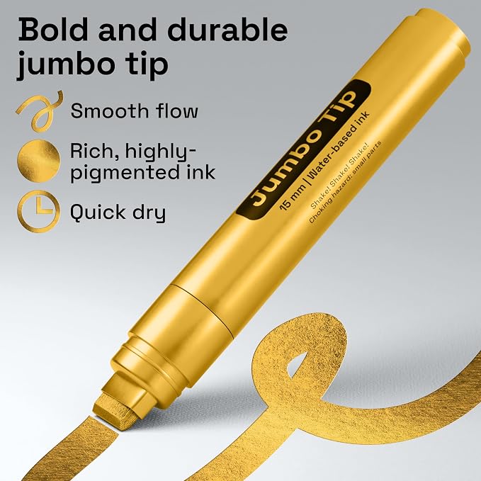 ARTISTRO Gold Paint Pens - Jumbo Tips - Set of 5 | Acrylic Paint Markers, Water-Based, For Rock, Glass, Ceramic, Wood, Tire, Fabric, Metal, Canvas, Marking, Painting