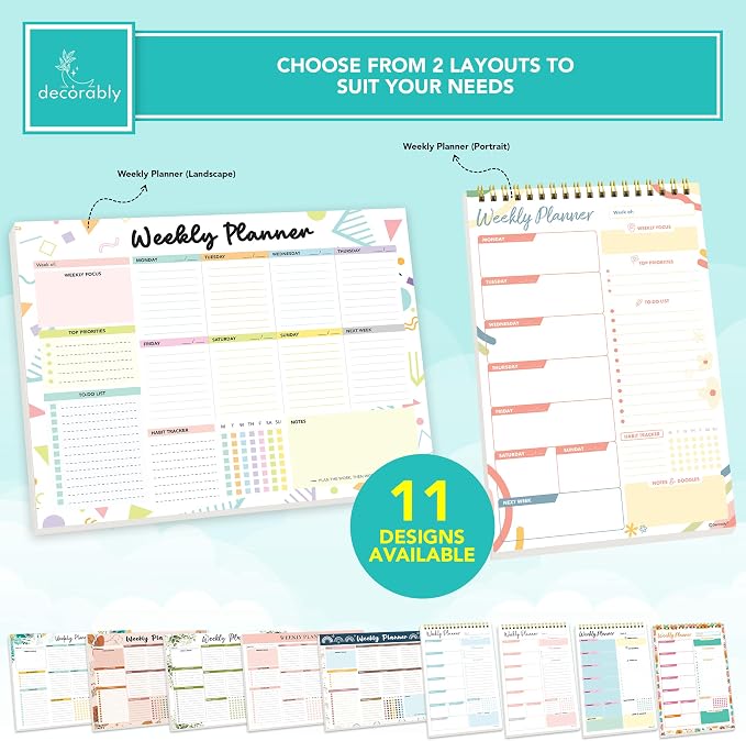 Decorably 52 Sheets Colorful Pastel Weekly to Do List Notepad - 11x8.5" Spring-Bound Planner Pad, Easy Tear-Off for Priorities, Habit Tracker, Focus & Notes - Home, School, Office