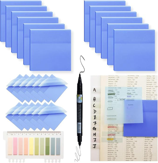 YOUDEFUL 800Pcs Transparent Sticky Notes, Bright Blue Clear Sticky Notes, 3"x3" Waterproof Translucent Sticky Note Pads, Index Tabs, Clear Post it Notes for Bible Study, See Through Sticky Notes