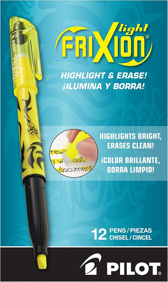 Pilot FriXion Light Erasable Highlighters, Chisel Tip, Pack of 12, Yellow Solid Highlighters - Ideal for School, Journaling, and Office Use
