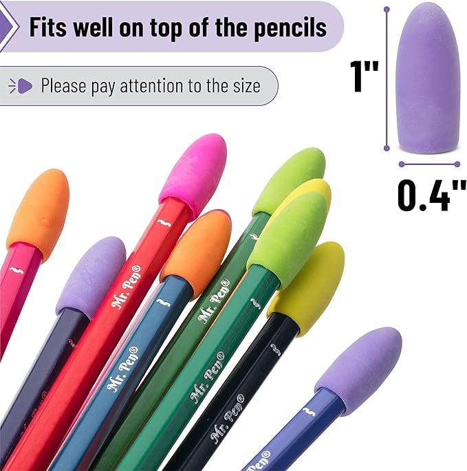 Mr. Pen- Pencil Top Erasers, 120 Pack, Vibrant Colors, Latex-Free | No-Smudge Cap Pencil Erasers for Precise Erasing, Kids, Teachers, Studying Supplies