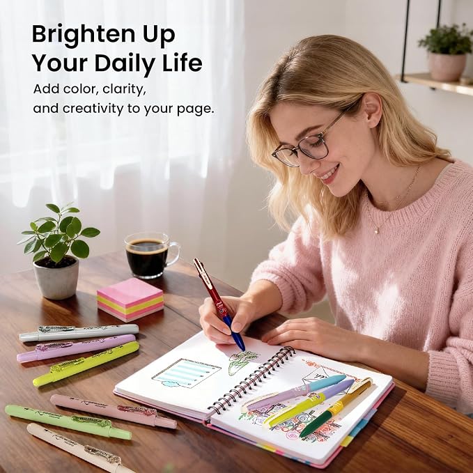 WRITECH Gel Pens Journaling Highlighters: Journal Set Aesthetic Assorted Vintage Color Ink 0.5mm Fine Point Retractable 2 in 1 Pen Smooth Writing Drawing 10ct