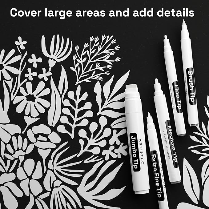 ARTISTRO White Paint Pens - Various Tips - Set of 5 | Acrylic Paint Markers, Water-Based, For Rock, Glass, Ceramic, Wood, Tire, Fabric, Metal, Canvas, Marking, Painting