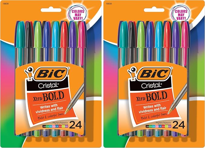 BIC Cristal Xtra Bold Ballpoint Pens,Bold Point (1.6mm) For Vivid And Dramatic Lines,Assorted Colors,Perfect Ink Pens,24 Count (Pack of 2)