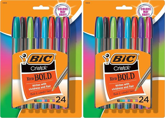 BIC Cristal Xtra Bold Ballpoint Pens,Bold Point (1.6mm) For Vivid And Dramatic Lines,Assorted Colors,Perfect Ink Pens,24 Count (Pack of 2)