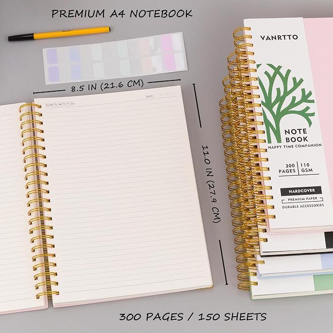 VANRTTO Hardcover Spiral Notebook 8.5x11 IN Notebooks College Ruled Green | Hardcover Notebook of 110 GSM Lined Paper Notebooks for Work, School, 300 Pages A4 Notebooks College Ruled for Women and Men