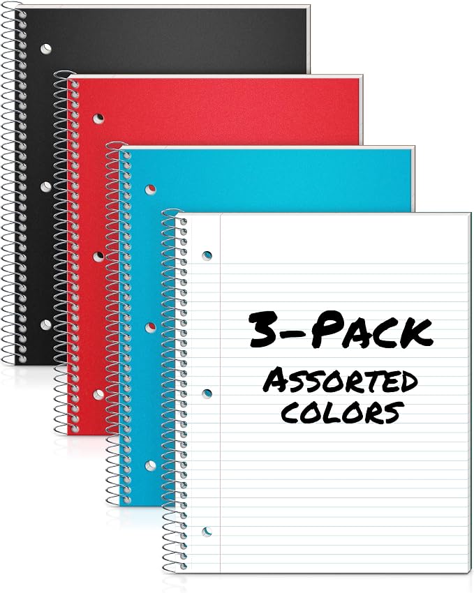 Dunwell College Ruled Spiral Notebook, (3-Pack, Red, Blue, Black) 1 Subject Notebook 8.5 x 11, Plastic Covers, Poly Pocket Dividers, 100 Sheets (200 Pages), 3-Hole Punched Perforated Paper