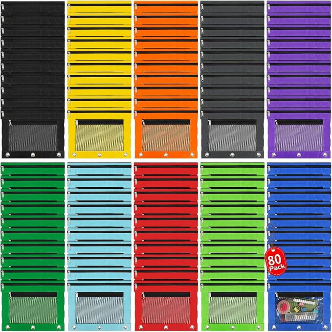 IKAYAS 80 Pack Pencil Pouch for 3 Ring Binder bulk Binder Pencil Pouch with Zipper, Pencil Pouches Pencil Bags for Classroom bulk Pencil Box Pencil Case for Storing School Students Teacher Supplies