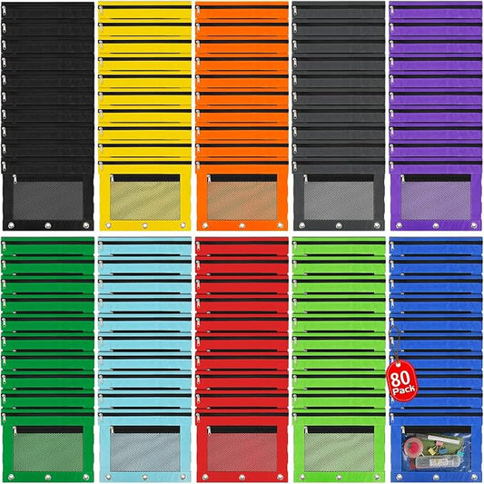 IKAYAS 80 Pack Pencil Pouch for 3 Ring Binder bulk Binder Pencil Pouch with Zipper, Pencil Pouches Pencil Bags for Classroom bulk Pencil Box Pencil Case for Storing School Students Teacher Supplies
