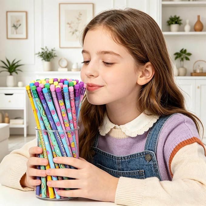 Rbenxia 48PCS Wooden Pencils with Erasers Assortment Colorful Novelty Pencils Awards Incentives Supplies Giveaways Party Favor (Fruit Elements)
