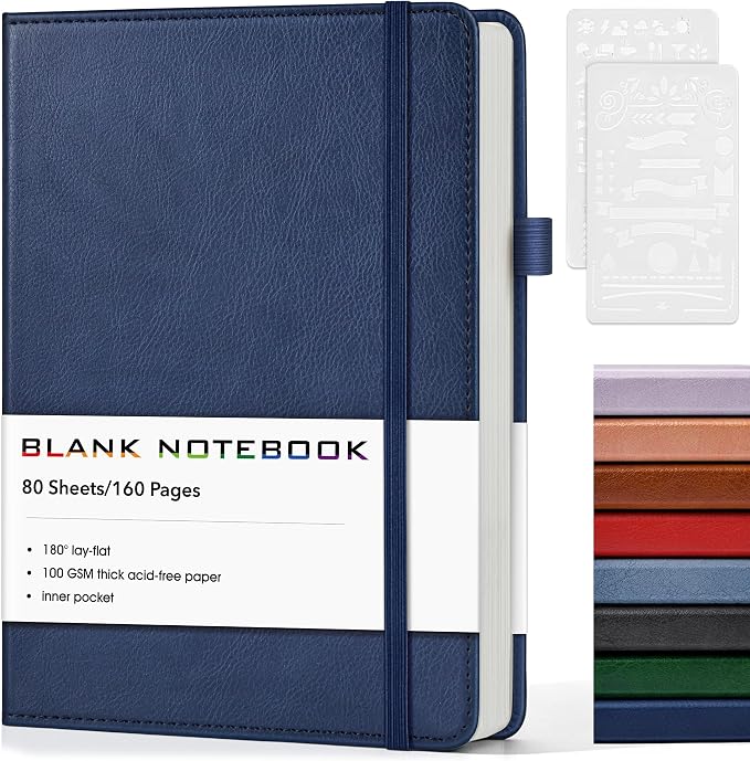 Journal Notebook, A5 Leather Hardcover Blank Sketchbook, 160 Pages, 180° Lay-Flat Binding, 100 GSM Thick Paper, for Sketching, Drawing, Art Journaling & Creative Writing (Navy)