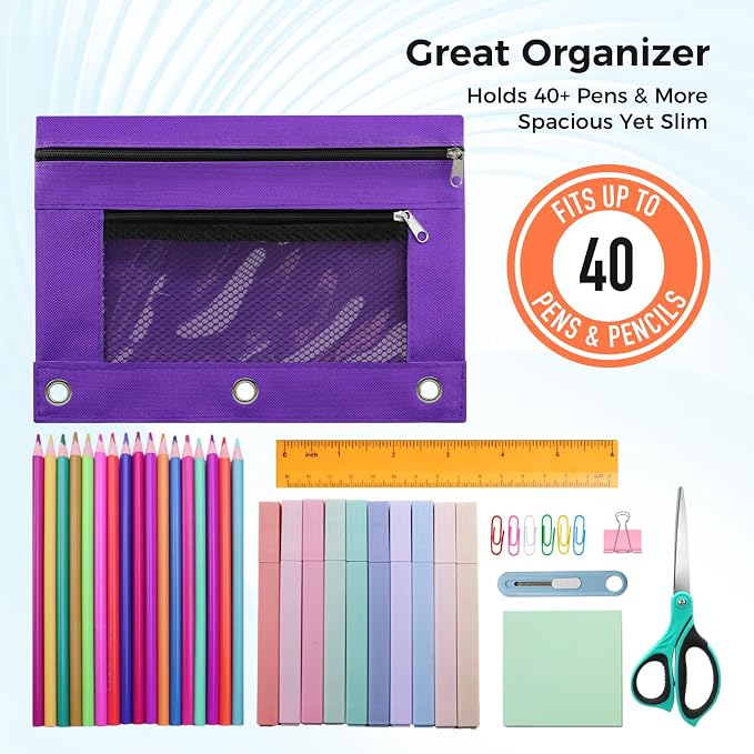 Pencil Pouch for 3 Ring Binder, Pencil Case Bag with Zipper, 600D Fabric Pencil Pouch Holder Accessories, Clear Window Pencil Case Aesthetic Back to School Organizer Pockets for Boy Girl (Purple)