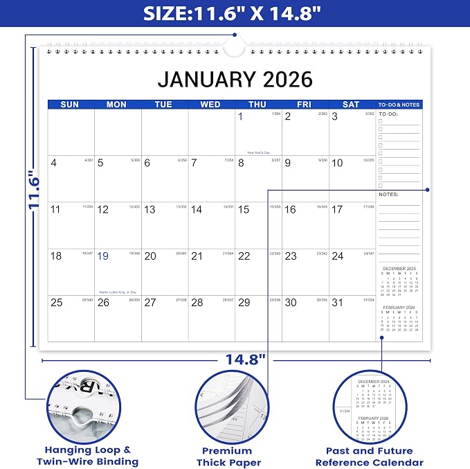 2026 Wall Calendar - 12 Months Wall Calendar, January 2026 - December 2026, 15" x 11.5", Large Writing Blocks, Suitable for Hanging on the Wall