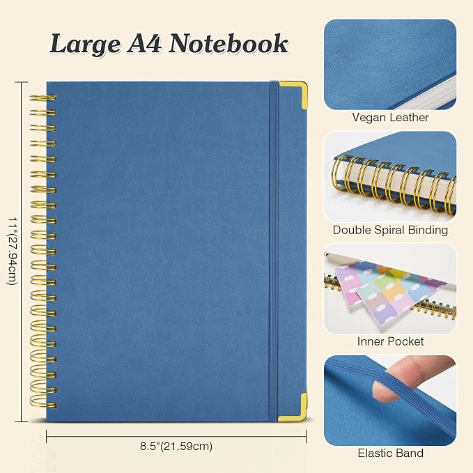 Spiral Notebook 8.5" x 11",300 Numbered Pages Lined Notebooks College Ruled | Hardcover Leather Journal for Women Men, 100GSM Thick Journals for Writing with Tabs,Super Large A4 Notebooks for Work School