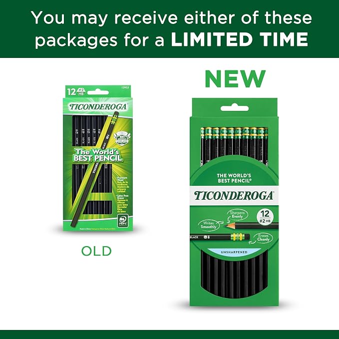 Ticonderoga Pencils, Wood-Cased Graphite, #2 HB Soft, Black (13953) (Pack of 6, 72 Count Total)
