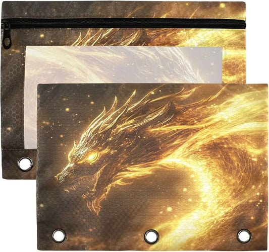 Dragon Golden Light Binder Pouches 3 Ring for Boys Girls School Office College Supplies Dinosaur Monster Dino Pencil Pouches Case Bag with Clear Window and Zipper 2 Pack
