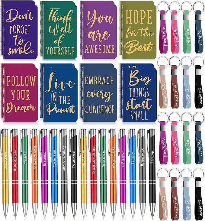 PerKoop 48 Pcs Inspirational Gifts Set Inspirational Quote Notepads 3 x 5 Inch Motivational Ballpoint Pens Keychains Bulk Colorful Journal Notebooks for School Office Party Favor Supplies