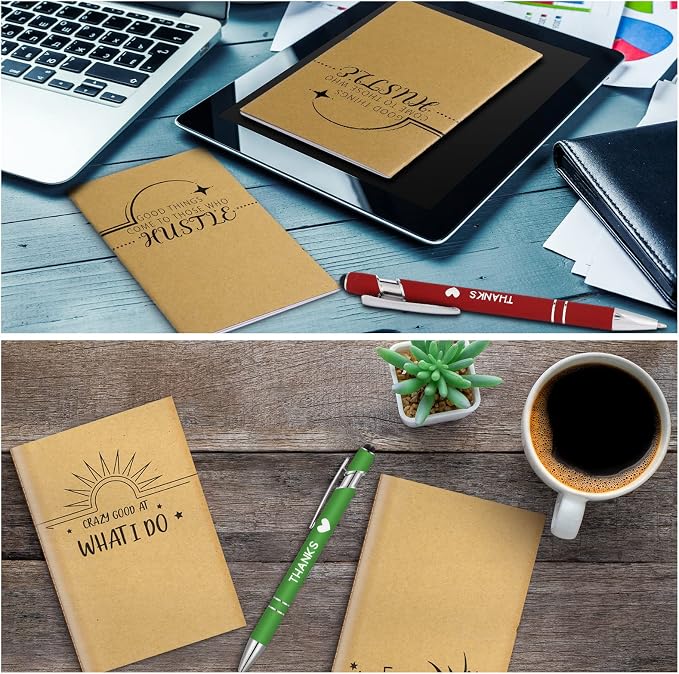 Geyee 24 Pcs Mini Motivational Pens Inspirational Notepads Bulk Appreciation Gifts Small Journals Funny Ballpoint Pen Set Prizes Men Women Office Travel Party Favors(Employee)
