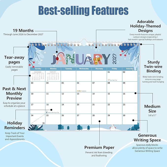 GuassLee Wall Calendar 2026-2027, 19 Months Running from Jun. 2026 to Dec. 2027, 14" X 11" Paper Hanging Planner Wall with Thick Paper for Office Home Planning & Organizing