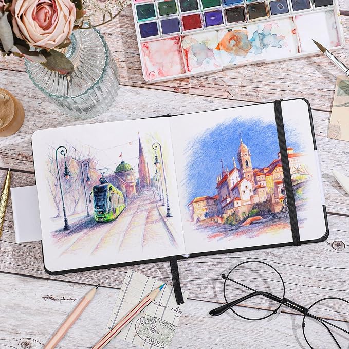 Prudiut Pocket Sketchbook 5 x 5 in, Hardcover, 80 Sheets, Black | 160gsm acid-free paper, elastic closure and ribbon bookmark, compact travel size for sketching on the go