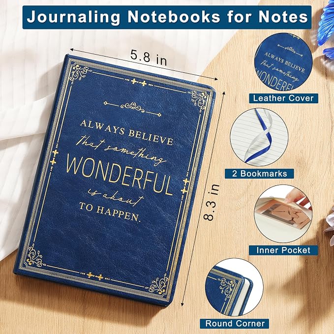 Lined Journal Notebook for Work With Sticky Dividers, 5.75'' X 8.6'' Blue Hardcover Notebook for Writing, 200 Pages Thick Travel Daily Journal, College Ruled Notebook for Women Men, School Supplies