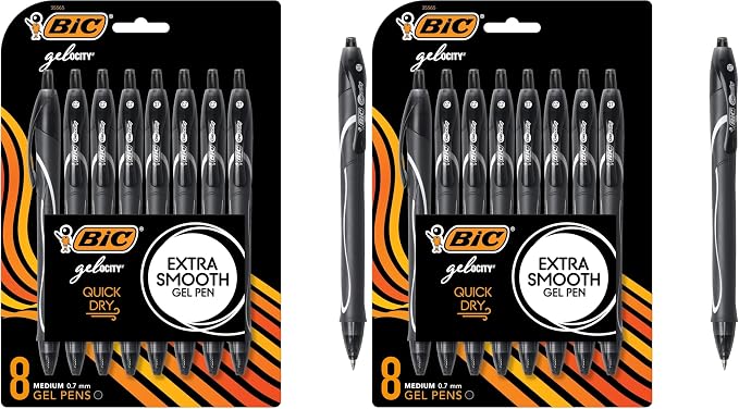 BIC Gelocity Quick Dry Black Gel Pens, Medium Point (0.7mm), 8-Count, Retractable Gel Pens With Comfortable Full Grip, (Pack of 2)