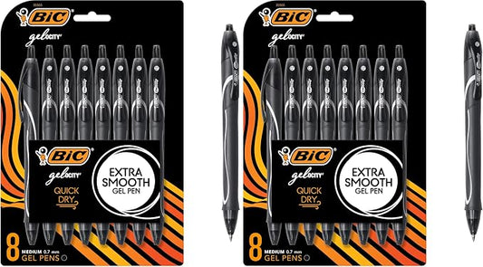 BIC Gelocity Quick Dry Black Gel Pens, Medium Point (0.7mm), 8-Count, Retractable Gel Pens With Comfortable Full Grip, (Pack of 2)