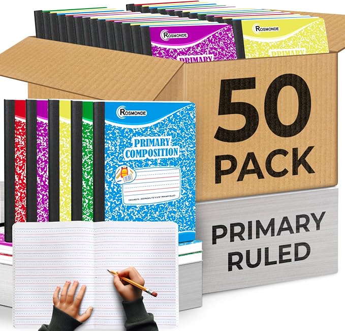 Rosmonde Bulk Primary Ruled Composition Notebooks, 50 Pack, 100 Sheets | Bulk Writing Journals, 200 Pages (100 Sheets), 9-3/4" x 7-1/2", Grades K-2, Hardcover, Bulk Primary Ruled Assorted Marble