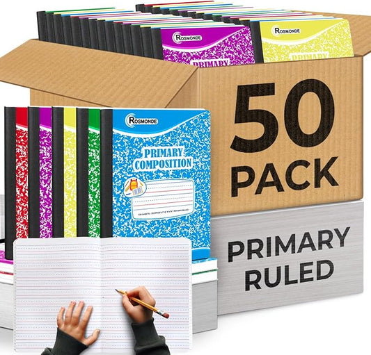 Rosmonde Bulk Primary Ruled Composition Notebooks, 50 Pack, 100 Sheets | Bulk Writing Journals, 200 Pages (100 Sheets), 9-3/4" x 7-1/2", Grades K-2, Hardcover, Bulk Primary Ruled Assorted Marble