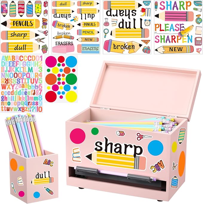 Mifoci 8 Pcs Wooden Pencil Dispenser Kit for Classroom Wooden Pen Holder Straw Dispenser Sharp and Dull Letter Stickers for Teachers Classroom Supplies Storage (Pink)