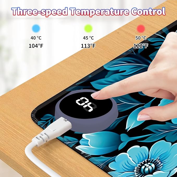 Heated Desk Pad Large Mouse Pad 23.6 x 14.1 inch with 3 Levels Heating & Auto Shut-Off Warm Mouse pad PU Leather Computer Mousepad for Home Office Work - Blue Floral Flower
