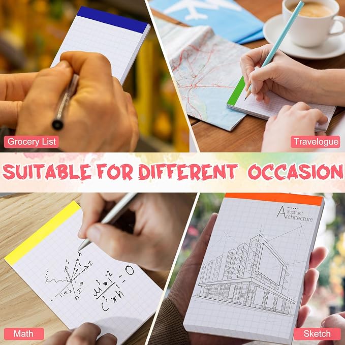 16 Pcs 3'' x 5'' Graph Paper Pads Quad Ruled Grid Mini Notepads, Perforated Assorted Color Tops, 50 Sheets Per Memo Pad, 80Gsm Paper Pads Small Pocket Graph Notebook for Students, Office, Math, Notes