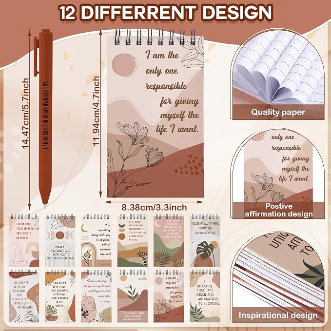 Kosiz 48 Pcs/24 Set Positive Affirmation Gifts Bulk for Women Pocket Spiral Notepads with Motivational Pens Small Bags Mini Self Care Inspirational Notebooks Coworker Team Group Adult Party Favors