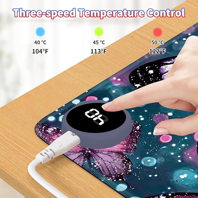 Heated Desk Pad Large Mouse Pad 31.5 x 13 inch with 3 Levels Heating & Auto Shut-Off Warm Mouse pad PU Leather Computer Mousepad for Home Office Work - Green Glitter Butterflies