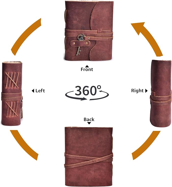 LEATHER VILLAGE Vintage Leather Journal – 200 Handmade Vintage Deckle Edge Paper – Leather bound Journal For Women Men – Vintage Key Closure - Book of Shadows - Red Brown - 6X4 inches (A6)
