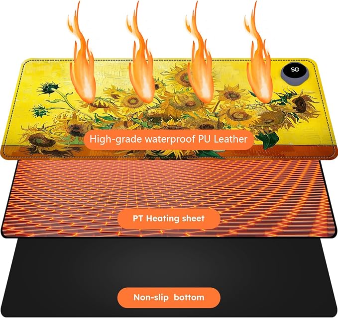 Heated Mouse Pad with 3 Levels Heated & 3 Hours Auto Shut-Off Mouse Pad for Warming Hands in Office Home, 23.6" x 14.2"Large Safe Desk Mat Hand Warmer，Sunflowers
