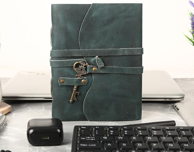 Leather Journal with Deckle Edge Paper 8x6 inch and Vintage Key | Handmade Writing Notebook Diary | Bound Daily Notepad for Men & Women Medium, Sketch/Writing pad for Artists