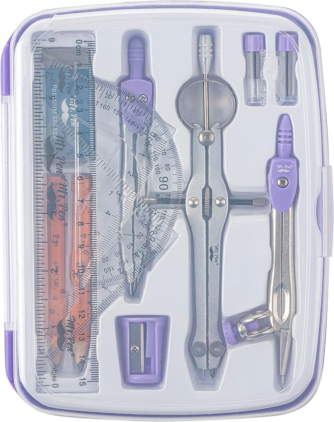 Mr. Pen- Geometry Set, 13 pcs, 3 Metal Compasses, Protractor, 6" Ruler | 45° & 30°/60° Set Squares, Pencils, Lead Refills, Sharpener & Eraser for Math, Drafting & Classroom Use | 45° & 30°/60° Set Squares, Pencils, Lead Refills, Sharpener & Eraser for ...