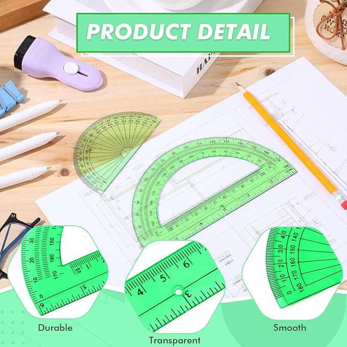 EBOOT 2 Pcs Plastic Protractor Clear 180 Degrees Transparent Protractor for Geometry, 4 Inch and 6 Inch(Green)