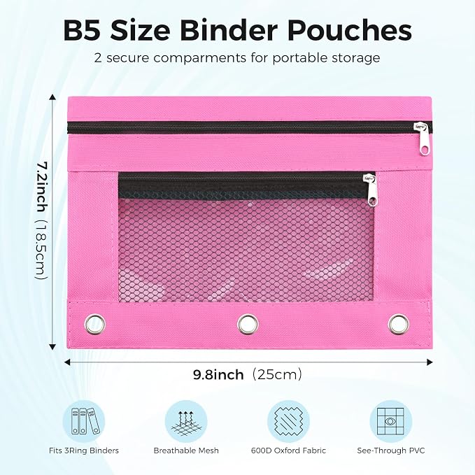 Pencil Pouch for 3 Ring Binder, Pencil Case Bag with Zipper, 600D Fabric Pencil Pouch Holder Accessories, Clear Window Pencil Case Aesthetic Back to School Organizer Pockets for Boy Girl (Pink)
