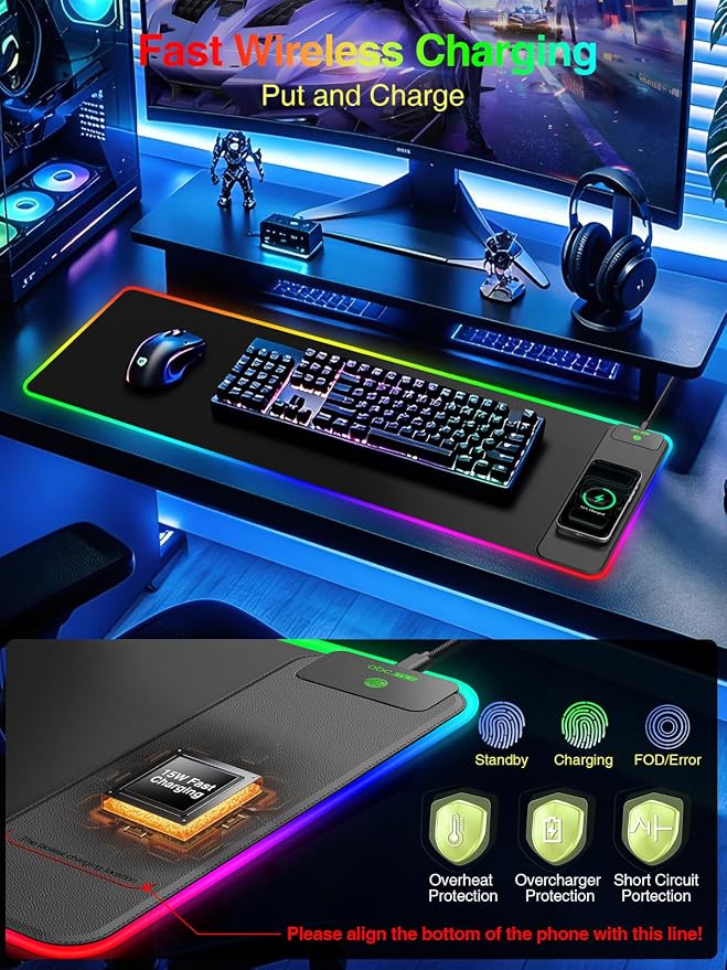 Wireless Charging Mouse Pad Gaming, 31.5"x11.8" Large Desk Mat, Waterproof | RGB Mousepad, Smooth Glide, Stitched Edge, Non-Slip Rubber Base, Desk Pad Computer Keyboard Mat, No Adapter