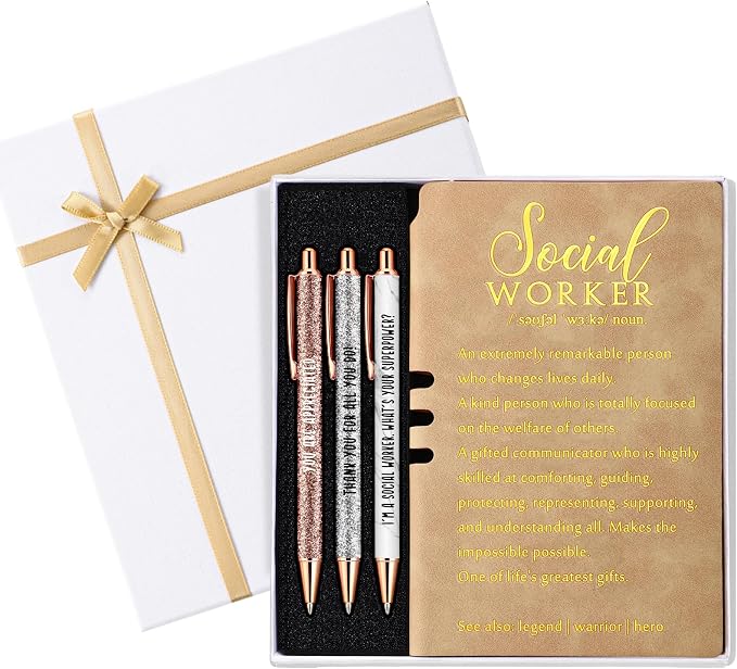 Resurhang 5 Pcs School Social Worker Must Haves Office Supplies Gift Leather Journal Notebook 3 Ballpoint Pens with Box Thank You Social Work Appreciation Gift for BSW MSW DSW(Khaki)