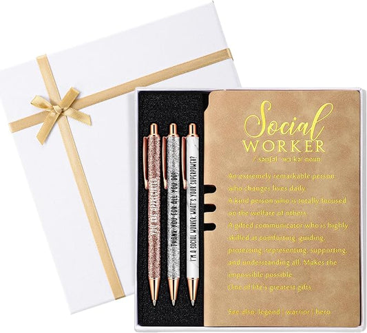 Resurhang 5 Pcs School Social Worker Must Haves Office Supplies Gift Leather Journal Notebook 3 Ballpoint Pens with Box Thank You Social Work Appreciation Gift for BSW MSW DSW(Khaki)
