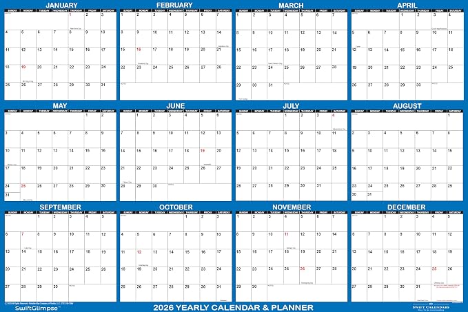 24" x 36" SwiftGlimpse 2026 Wall Calendar Erasable Large Wet & Dry Erase Laminated 12 Month Annual Yearly Wall Planner, Reversible, Horizontal/Vertical, Navy