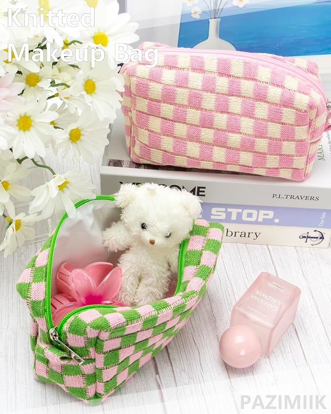 Checkered Makeup Bag for Purse, Small Cosmetic Pouch,Pink Green,2 Pack | Cute Zipper Makeup Organizer for Women, Travel Essentials, Toiletries, Makeup Brushes, Beauty Accessories&Bridesmaid Gifts