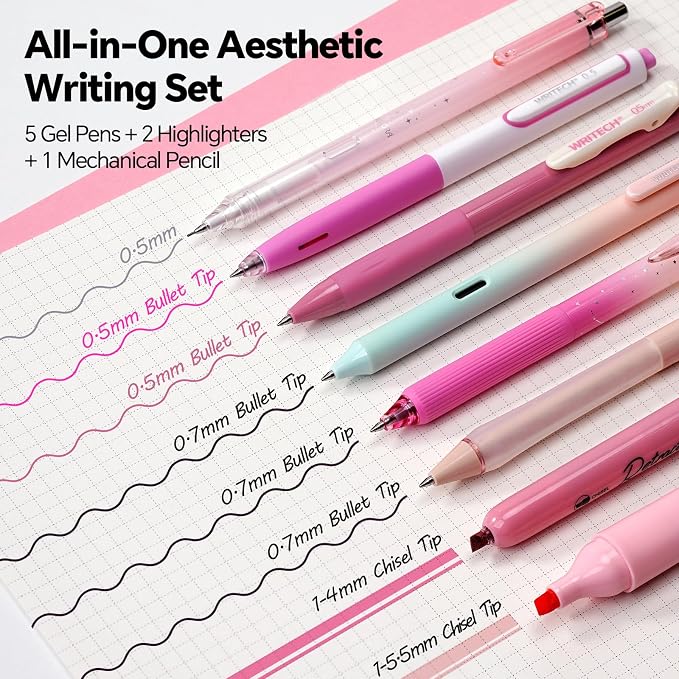 WRITECH Gel Pens Journaling Highlighters: Pink Journal Set Assorted Pastel Color 0.5mm&0.7mm Fine Point Retractable Black Ink Pen Mechanical Pencil Smooth Writing Drawing 8ct