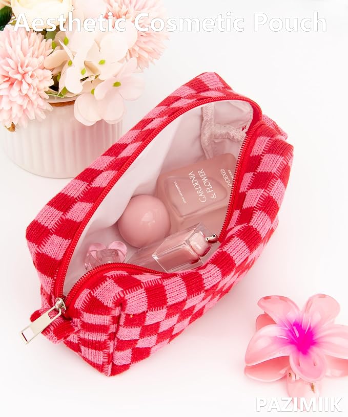 Checkered Makeup Bag for Purse, Small Travel Cosmetic Pouch,Red Pink | Cute Zipper Makeup Organizer for Women, Travel Essentials, Toiletries, Makeup Brushes, Beauty Accessories&Bridesmaid Gifts