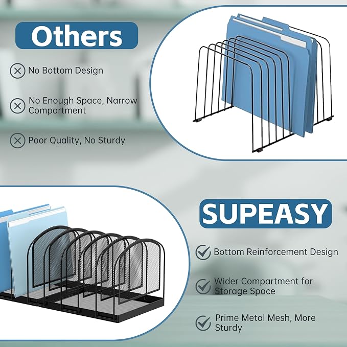 SUPEASY 9-Section File Organizer for Desk, Metal File Folder Holder, Black | 9 Vertical Compartments with Sturdy Metal Base for Office Documents Books Magazines and Laptop